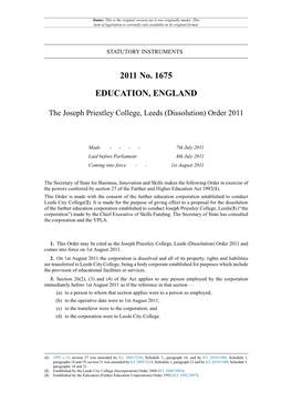 The Joseph Priestley College, Leeds (Dissolution) Order 2011