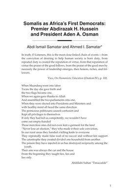 Somalis As Africa's First Democrats: Premier Abdirazak H. Hussein And