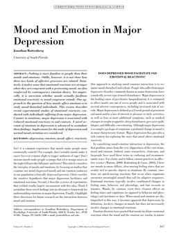Mood and Emotion in Major Depression Jonathan Rottenberg