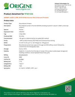 APPBP1 (NAE1) (NM 001018160) Human Recombinant Protein Product Data