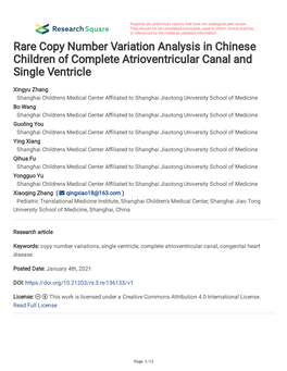 Rare Copy Number Variation Analysis in Chinese Children of Complete Atrioventricular Canal and Single Ventricle