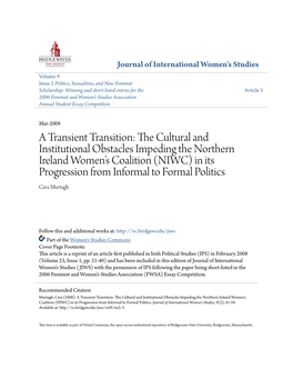 The Cultural and Institutional Obstacles Impeding the Northern Ireland Women’S Coalition (NIWC) in Its Progression from Informal to Formal Politics1