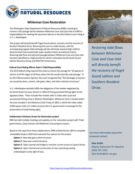 Restoring Tidal Flows Between Whiteman Cove and Case Inlet Will Directly Benefit the Recovery of Puget Sound Salmon and Southern