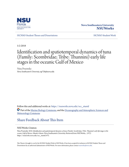 Family: Scombridae; Tribe: Thunnini) Early Life Stages in the Oceanic Gulf of Mexico Nina Pruzinsky Nova Southeastern University, Np720@Nova.Edu