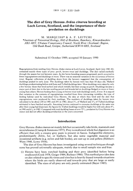 The Diet of Grey Herons Ardea Cinerea Breeding at Loch Leven, Scotland, and the Importance of Their Predation on Ducklings