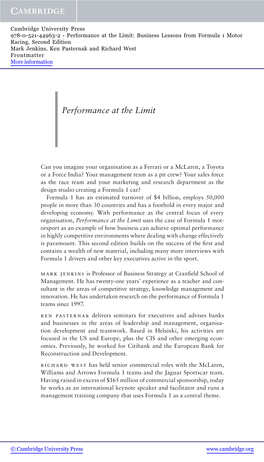 Performance at the Limit: Business Lessons from Formula 1 Motor Racing, Second Edition Mark Jenkins, Ken Pasternak and Richard West Frontmatter More Information