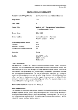 COURSE SPECIFICATION DOCUMENT Academic School