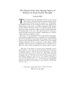 The Island of the Sun: Spatial Aspect of Solstices in Early Greek Thought Tomislav Bilić