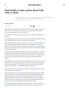 Mark Hollis, Leader of ’80S Band Talk Talk, Is Dead