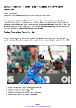 Sachin Tendulkar Records - List of Records Held by Sachin Tendulkar