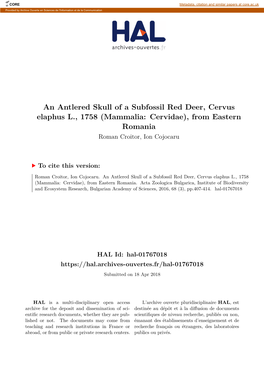 An Antlered Skull of a Subfossil Red Deer, Cervus Elaphus L., 1758 (Mammalia: Cervidae), from Eastern Romania Roman Croitor, Ion Cojocaru