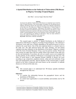 A Spatial Distribution on the Outbreak of Tuberculosis (TB) Disease in Magway Township (Tropical Region)