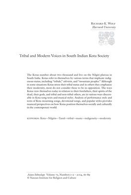 Tribal and Modern Voices in South Indian Kota Society