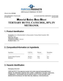 Material Safety Data Sheet TERTIARY BUTYL CATECHOL, 85% in METHANOL