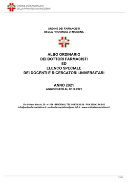 Albo Ordinario Dei Dottori Farmacisti Ed Elenco Speciale Dei Docenti E Ricercatori Universitari