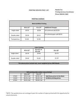 PRINTING SERVICES PRICE LIST Natalie Fox Printing Services Coordinator Phone 508-831-5842