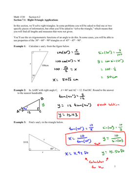 Math 1330 Section 6.2 1 Section 7.1: Right-Triangle Applications in This Section, We'll Solve Right Triangles. in Some Proble