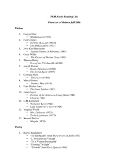 Ph.D. Orals Reading List Victorian to Modern, Fall 2006 Fiction 1. George