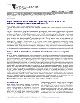 Flight Initiation Distances of Nesting Piping Plovers (Charadrius Melodus) in Response to Human Disturbance