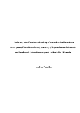 Isolation, Identification and Activity of Natural Antioxidants from Sweet Grass (Hierochloe Odorata), Costmary (Chrysanthemum Balsamita)