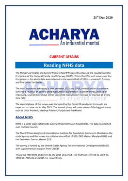 Reading NFHS Data the Ministry of Health and Family Welfare (Mohfw) Recently Released the Results from the First Phase of the National Family Health Survey (NHFS)