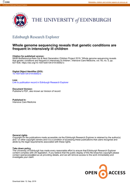 Whole Genome Sequencing Reveals That Genetic Conditions Are Frequent in Intensively Ill Children', Intensive Care Medicine, Vol