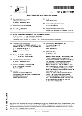 RUPATADINE Derivative AS an ANTIHISTAMINIC AGENT Rupatadinderivat ALS ANTIHISTAMINIKUM Derivé DE RUPATADINE UTILISÉ EN TANT QU’AGENT ANTIHISTAMINIQUE