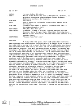 Kansas State University Faculty Perspective, Opinions, and Practices Concerning Undergraduate Student Academic Dishonesty and Moral Development