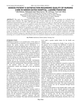 ASSESS PATIENT`S SATISFACTION REGARDING QUALITY of NURSING CARE in SHEIKH ZAYED HOSPITAL, LAHORE PAKISTAN 1*Adila Rahman, 1Muhammad Afzal, 1Hajra Sarwar, 2Mr