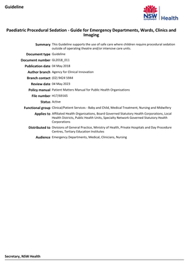 Paediatric Procedural Sedation - Guide for Emergency Departments, Wards, Clinics and Imaging