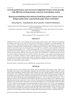 Growth Performance and Survival of Snakehead Channa Striata Juvenile with Different Stocking Density Reared in Recirculation System