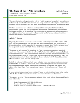 The Saga of the F Alto Saxophone by Paul Cohen Available from Classic Saxophone On-Line! (1980) At