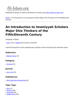 An Introduction to Imamiyyah Scholars Major Shia Thinkers of the Fifth/Eleventh Century
