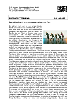 PRESSEMITTEILUNG 26.10.2017 Franz Ferdinand 2018 Mit Neuem