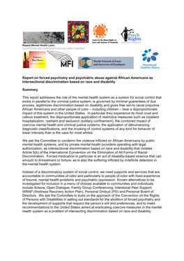 Report on Forced Psychiatry and Psychiatric Abuse Against African Americans As Intersectional Discrimination Based on Race and Disability