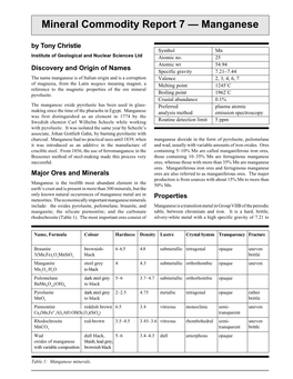 Mineral Commodity Report 7 — Manganese by Tony Christie Symbol Mn Institute of Geological and Nuclear Sciences Ltd Atomic No