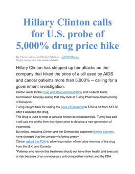 Hillary Clinton Calls for U.S. Probe of 5,000% Drug Price Hike