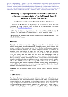 Modeling the Hydrogeochemical Evolution of Brine in Saline Systems: Case Study of the Sabkha of Oum El Khialate in South East Tunisia