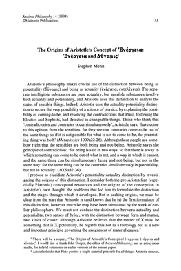 The Origins of Aristotle's Concept of 'Bvepyb\CX: 'Bvepyb\CX and A{)Vcxjl.\~L