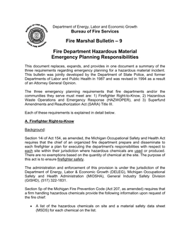 Fire Marshal Bulletin – 9 Fire Department Hazardous Material