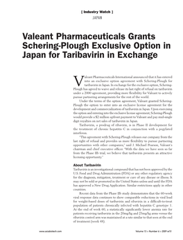 Valeant Pharmaceuticals Grants Schering-Plough Exclusive Option in Japan for Taribavirin in Exchange