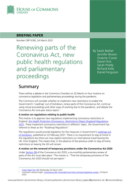 Renewing Parts of the Coronavirus Act, New Public Health Regulations and Parliamentary Proceedings
