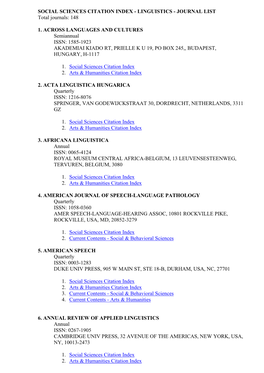 SOCIAL SCIENCES CITATION INDEX - LINGUISTICS - JOURNAL LIST Total Journals: 148