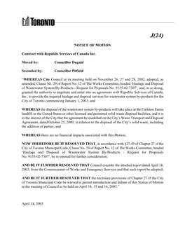 NOTICE of MOTION Contract with Republic Services