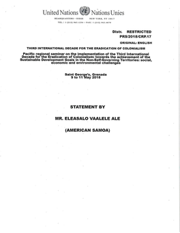 AMERICAN SAMOA) Written Statement of the American Samoa Government for the Honorable Lolo Matalasi Moliga - Governor of American Samoa