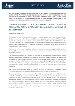 Issuance by Unipolsai S.P.A. of a “Restricted Tier 1” Perpetual Regulatory Capital Instrument for a Nominal Amount up to 500 Million