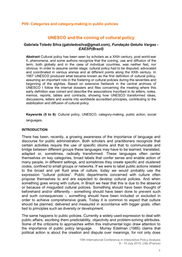 UNESCO and the Coining of Cultural Policy Gabriela Toledo Silva (Gatoledosilva@Gmail.Com), Fundação Getulio Vargas - EAESP(Brazil)