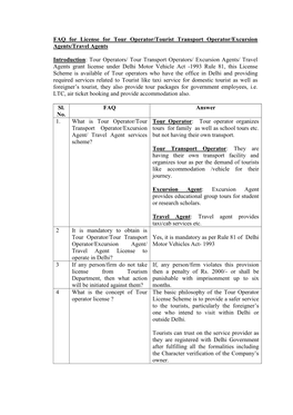 FAQ for License for Tour Operator/Tourist Transport Operator/Excursion Agents/Travel Agents