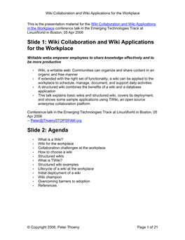 Wiki Collaboration and Wiki Applications for the Workplace Slide 2