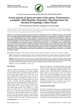 A New Species of Green Pit Viper of the Genus Trimeresurus Lacépède, 1804 (Reptilia: Serpentes: Viperidae) from the Nicobar Archipelago, Indian Ocean 1S.R